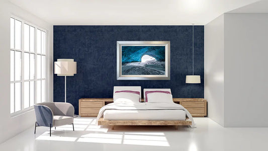 A bedroom with Arctic Trove walls and a Shestakov Fine Art white bed.