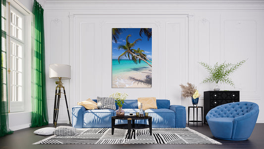 "Tropical Serenity" by Artem Shestakov is a fine art print depicting a serene tropical beach in the Bahamas. It features clear turquoise waters, white sandy shores, and gracefully leaning palm trees under a vibrant blue sky. This limited edition, signed by the artist, offers a tranquil and luxurious addition to any art collection or home decor.