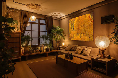 A living room filled with Aspen Forest furniture and a painting by Shestakov Fine Art on the wall.