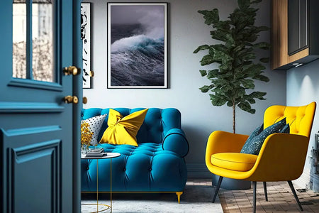 a living room with a Journey to Antarctica couch by Shestakov Fine Art and a yellow chair.