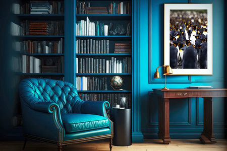 A Reunion blue chair in a room with a Shestakov Fine Art bookcase.