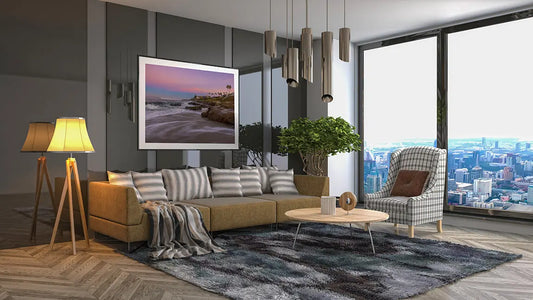 A living room filled with Windansea Beach furniture and a large window by Shestakov Fine Art.